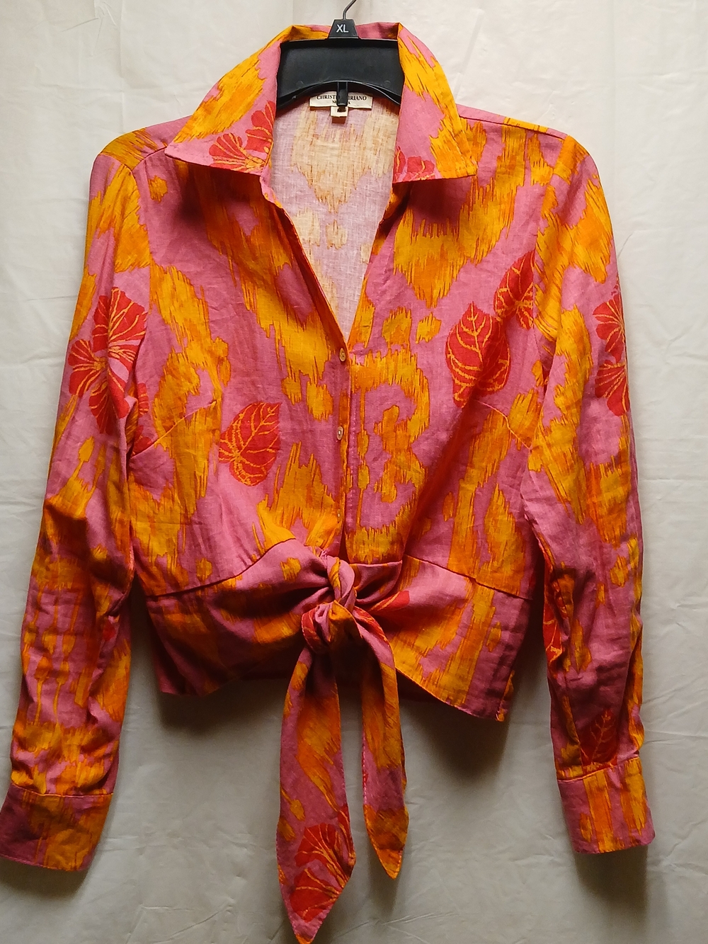 Christian Siriano Pink and Yellow Tie-Front Button Shirt